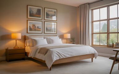 Bedroom interior with wooden bed frame white bedding and art above the bed near the window view
