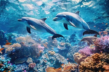 Fototapeta premium Dolphins and a reef undersea environment. electronic collage images as wallpaper