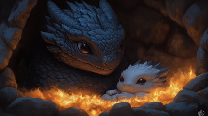 Mythical Dragon and Adorable Hatchling in Fiery Cave Setting with Warm Glow