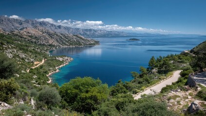 Coastal vista, mountains meet sea. Lush vegetation hugs a winding road leading to a turquoise bay