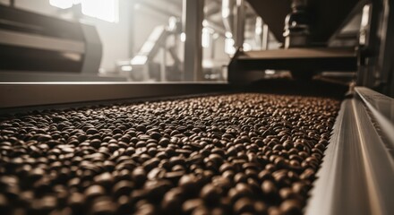 Fototapeta premium Roasted coffee beans moving on conveyor belt in modern processing facility