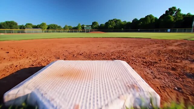 Baseball Field Close Up View of Bases Green Grass and Brown Dirt Under Blue Sky