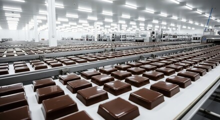 Obraz premium Automated production of glossy dark chocolate bars on a conveyor belt in a modern food factory.