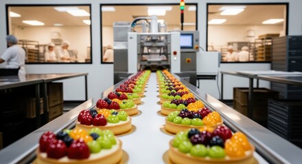 Colorful fruit tarts on conveyor belt in modern bakery production facility
