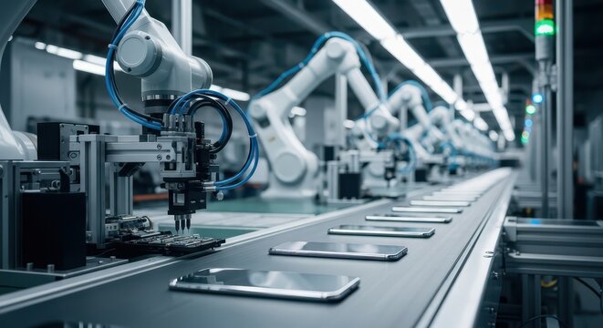 Automated robotic arms assembling smartphones on a modern factory production line