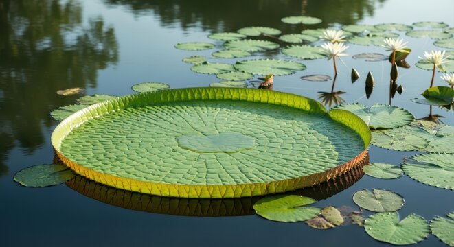Vibrant green giant lily pad floating on calm pond water with white water lilies