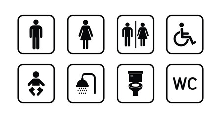 Washroom icon set. Washroom and Restroom sign icon set for male, female, baby changing, accessible, disabled, printable sticker. vector illustration.