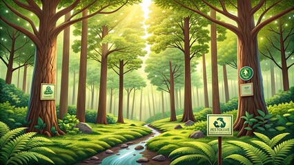 Sunlight streams through lush forest with stream, promoting eco-friendly living and environmental awareness