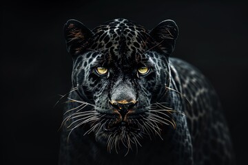 Obraz premium Front view of Panther on black background. Wild animals banner with copy space. Predator series. digital art