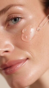 Macro shot of a drop of serum on a woman&rsquo;s cheek, highlighting smooth skin texture and hydration