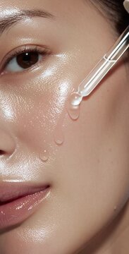 Minimalistic close-up of an Asian woman&rsquo;s face with visible serum on her skin. Soft light enhances her fresh, healthy, and radiant appearance.