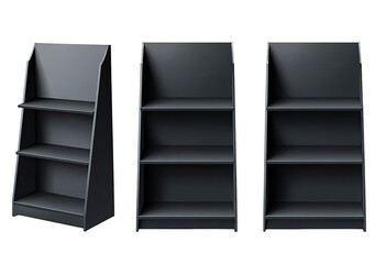 Three dark gray, three-tiered display shelves, angled, showcasing empty shelves