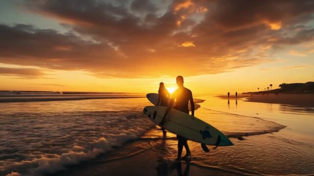 Two surfers stroll along the wet sand as the sun sets over the horizon, casting vibrant colors across the sky and water at a beautiful beach location