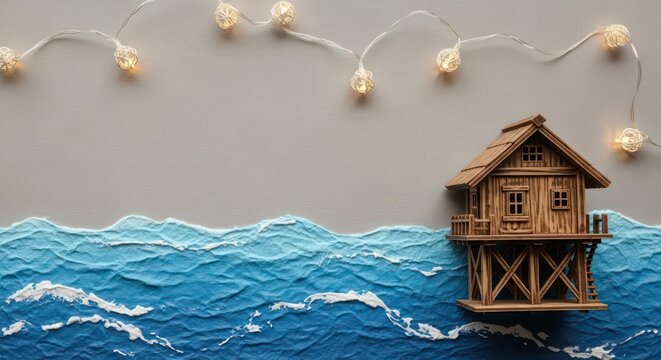 Handcrafted Stilt House on Paper Sea Under a Sky of Lights - Powered by Adobe