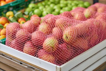 Fresh red apples in a pink mesh bag on a grocery store display