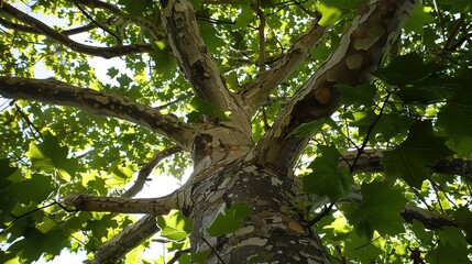 Majestic Sycamore Trees: Iconic Species with Large, Lobed Leaves, Smooth White Bark, and Spreading Canopies, Thriving in Urban Parks, Woodlands, and Riverbanks, Capturing Natural Beauty for Botanical 