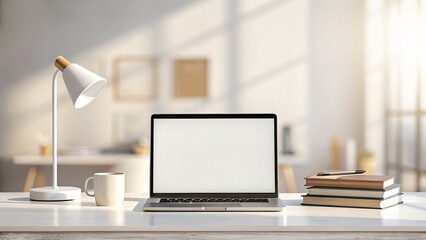 Fototapeta premium Modern workspace setup featuring laptop, lamp, and books bathed in warm sunlight for productive work
