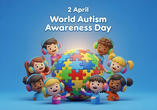 3D puzzle globe with autistic child boys and girls wearing headphones celebrating 2 April world autism awareness day diversity inclusion and neurodiversity