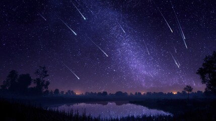 Naklejka premium The captivating night sky showcases a mesmerizing display of celestial wonders, with numerous shooting stars gracefully streaking across the dark expanse, creating a breathtaking spectacle.