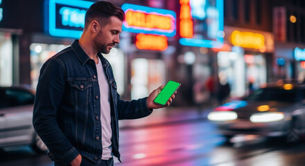 Man holding a green screen phone on a city street at night with neon lights and cars in the background.