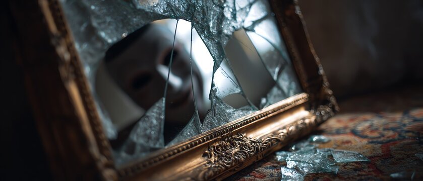 A haunting shattered mirror reflecting inner thoughts.