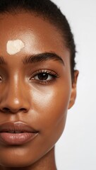Close up of a brown skinned woman forehead with sunscreen applied on plain white background