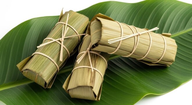 Three traditional asian sticky rice parcels wrapped in banana leaves