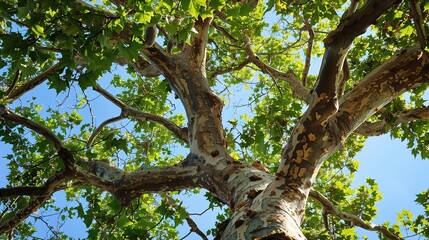 Obraz premium Majestic Sycamore Trees: Iconic Species with Large, Lobed Leaves, Smooth White Bark, and Spreading Canopies, Thriving in Urban Parks, Woodlands, and Riverbanks, Capturing Natural Beauty for Botanical 