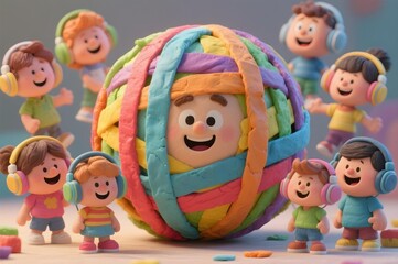 Autistic child boys and girls with headphones around colorful clay ribbon globe promoting autism awareness month inclusion neurodiversity and brain health