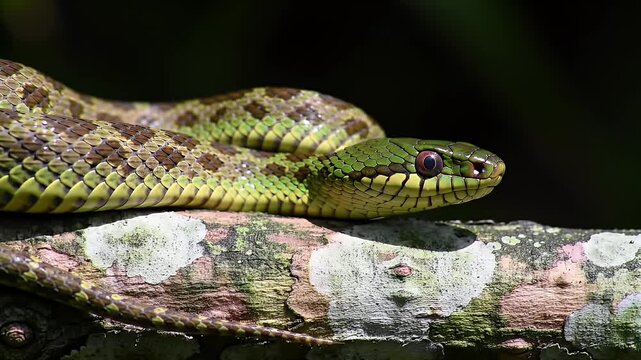 Close Up of Green Spotted Snake Resting on a Mossy Branch in Natural Sunlight