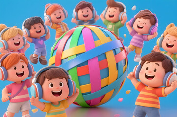 3D ribbon globe with autistic child boys and girls wearing headphones promoting autism awareness month diversity inclusion and global neurodiversity