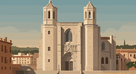 Exploring architectural beauty historical church in girona spain digital art urban setting daylight cultural heritage. Vector illustration