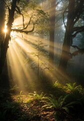 Obraz premium Sunlight streams through forest trees creating a mystical atmosphere