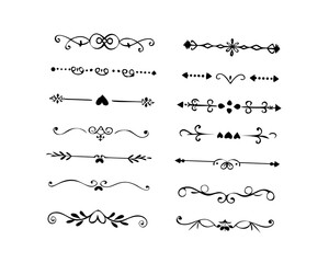Fototapeta premium text dividers doodle set. Wedding decorative elements. Divider ornament, borders, floral, vintage line separators. Hand drawn vector illustration isolated on white background. Set page dividers.