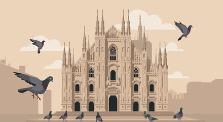 Naklejka premium Pigeons feeding in front of milan cathedral digital illustration urban setting aerial view architectural concept. Vector illustration
