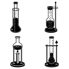 Black and white illustration of four different laboratory setups with flasks and liquid inside them