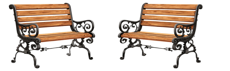 Two park benches with wooden slats and ornate metal supports