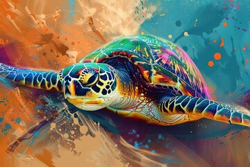 Painted animal with paint splash painting technique on colorful background turtle