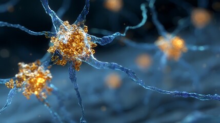 Golden crystalline neurons glowing in blue brain matter, representing scientific breakthroughs.