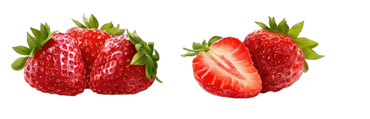 Two whole and one half strawberry fruits