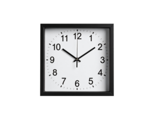 Square Wall Clock with Black Frame Isolated on Transparent Background