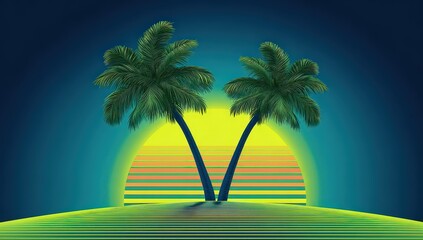 Naklejka premium Retro Pixel Art Palm Trees Sunset Scene