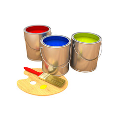 Open Cans With Color Paint and Brush - 3d illustration