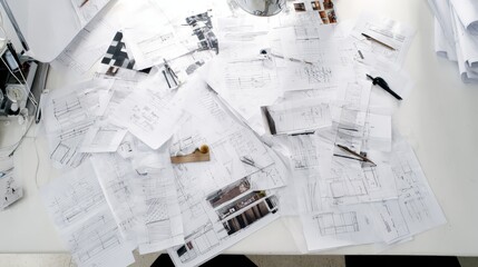 An overhead view of a creative workspace with abstract sketches, reflecting innovation and thoughtful planning.