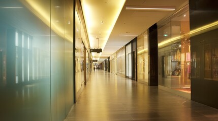 Obraz premium Modern shopping mall interior featuring a wide empty corridor with polished floors and soft lighting.