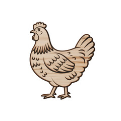 Wooden chicken illustration with wood grain texture isolated on transparent background