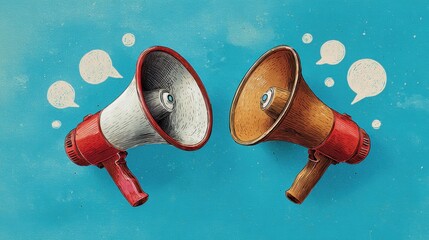 Two megaphones facing each other with speech bubbles, representing communication, announcements, and discussions on a vibrant teal background.