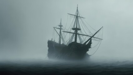Fototapeta premium Old ship in a foggy sea