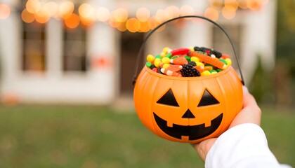 A child's hand holding a pumpkin bucket full of Halloween candy