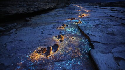 Fossilized footprints illuminated by bioluminescence on ancient stone, revealing forgotten history.